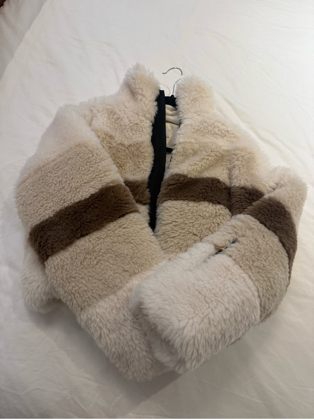 Cropped Zara Cream and Brown Faux-Shearling Stripe Ski Jacket